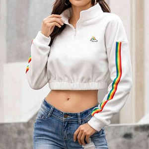 Mulheres Curto Hoodies Casual Fleece Lapela Zipper Cor Stripe Patchwork Manga Longa Moletom Outono Inverno Feminino Quente Crop Tops 210507