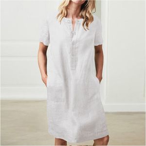 Dames Korte Mouw Knoop Katoen Linnen Zomerjurk Oversize Losse Casual Breasted Pocket Solid Midi Straight Jurken Femme 210507