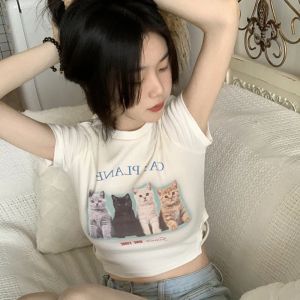 Femmes à manches courtes Crops Cat Cat Imprime Crew Neck Slim Fit T-shirts Summer Casual Exposed Navel Shirts