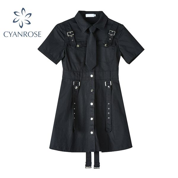 Femmes à manches courtes chemise gothique robe japonaise Harajuku Punk Style ceinture Streetwear vintage noir style gothique robes femmes 210417