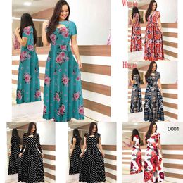 Femmes manches courtes évider col rond robe longue été élégant imprimé floral taille haute élastique élégant boho robe maxi vestidos Q0707