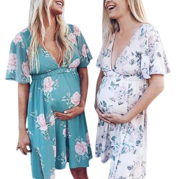 Femmes À Manches Courtes Enceinte Maternité Robe Fleur De Maternité Robe D'été CHAUDE Mode Imprimé Floral Mini Vestidos Pull Plus La Taille Q0713