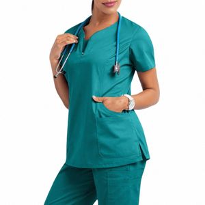 Femmes à manches courtes Gommage Tops Solide Infirmière Uniforme Col V Poche Travailleurs de soins T-Shirts Tops Clinique Beauté Sal Vêtements de travail c9LO #