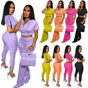 femmes à manches courtes Survêtements designer Solid Cropped Zipper Hoodie Crayon Pantalons Ensembles 2 Deux Pièces Ensemble Tenues Survêtement en vrac vêtements en gros 5734