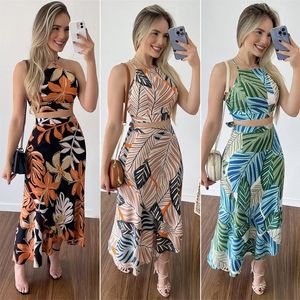 Dames Korte Tank Top 2-delige Rokset Sexy Print Mouwloos Off-Shoulder Tube Top Lange Rok Zomeroutfits Strandkleding Pak Y2k 240307