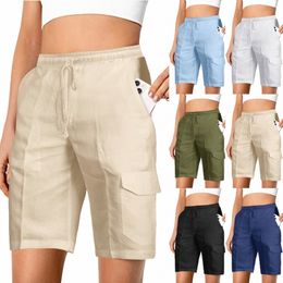 Pantalones cortos para mujer Pantalones cortos Pantalones cortos Cintura elástica Pantalones cortos Cott Blend Pocket Summer Beach Color sólido Comfot Transpirable Bermuda J6Dh #