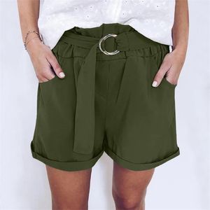 Vrouwen shorts elastische taille wide been losse korte broek zomer mode dames comfortabele riem solide vrouw plus size 210603