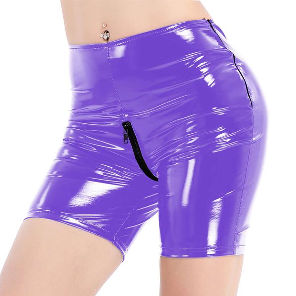 Shorts pour femmes aspect mouillé Shorts en cuir Pvc fermeture éclair entrejambe ouverte Faux Latex Stretch serré pantalon court érotique adulte femme fantaisie 7xlCostumes d'anime