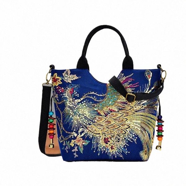 Sac à bandoulière pour femme fait à la main brillant paon brodé bohème sac à main rétro grande capacité toile fourre-tout boutique Menger bourse L4uM #