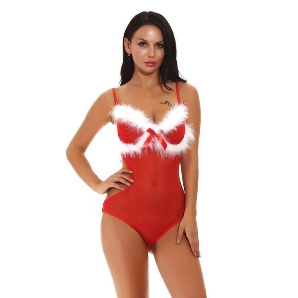 Body en maille rouge dos nu à découpes latérales pour femmes avec nœud en satin et garniture floue blanche Sexy vacances de Noël Festive Sheer Lingerie One-piece