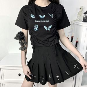 Dames zijkant trekstring crop top sexy vlinderpatroon casual slank streetwear korte mouw ruches t-shirt magere clubkleding dames