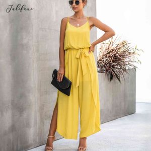 Vrouwen Side Split Hem Casual Rompertjes Zomer Zwart Sexy Backless Wide Leg Jumpsuit Dames One State Womens Clothing Riem Roze 210415