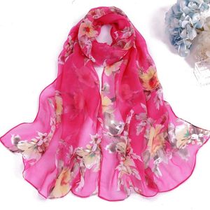 Vrouwen zijden chiffon sjaal sjaal zomerbloem zonnebrandcrème strandhanddoek dun garen lange wrap sjaaldruk sjaaljaals