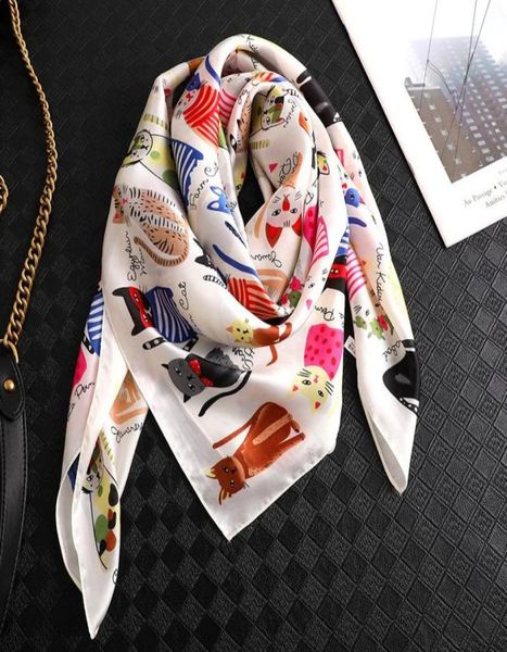 Foulard en soie pour femmes châles carrés et enveloppes chat imprimé animal foulards hijab pour dames été bureau cheveux cou Foulard Bandana2227452