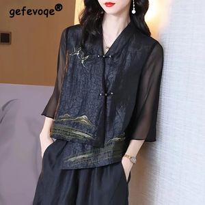 Blusas asimétricas bordadas vintage de seda para Mujer Primavera Verano elegante estilo chino diseño cárdigan camisas Blusa Mujer Moda 240127