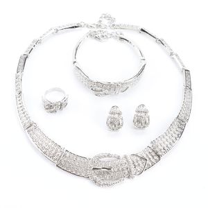 Vrouwen zilveren vergulde Dubai African White CZ Diamond Oostenrijkse Crystal ketting Bracelet oorringring bruiloft sieraden set259d