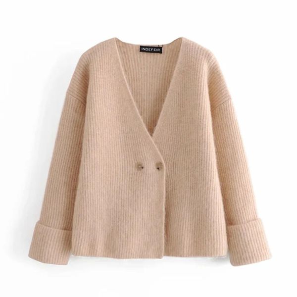 Femmes Simplicité Couleur Solide Pull à col en V Femme Double boutonnage Cardigan à manches longues Chic Top 210520