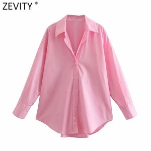 Vrouwen Simply Single Breasted Poplin Pink Shirt Office Dame Lange Mouw Zakelijke Blouse Roupas Chic Blusas Tops LS9288 210420