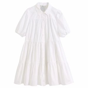 Vrouwen Simply Simpel Solid Colory Casual White Shirt Dress Office Lady Puff Sleeve Plooien Vestidos Chic Leisure Big Swing Jurken DS3438 210623