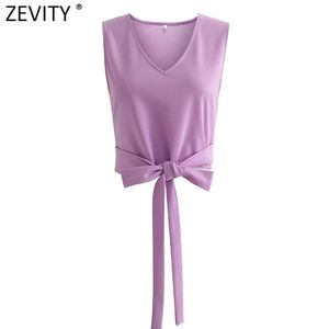 Femmes simplement col en V ourlet noeud noué Chic violet Camis réservoir dames sans manches gilet Slim T-shirt décontracté Crop hauts LS9012 210420