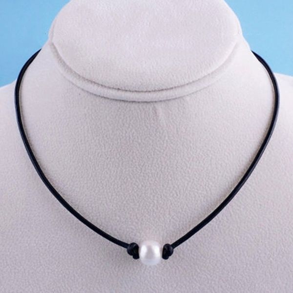 Collier ras du cou en cuir pour femmes, perle unique, sur cordon en cuir noir véritable, pendentif, bijoux pour colliers de mariage