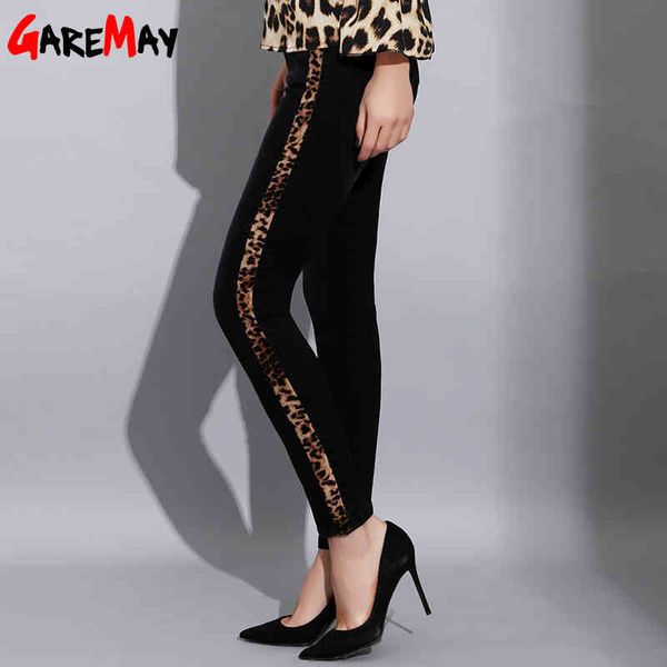 Femmes Skinny High Taille Taille Black Jeans avec rayures Sexy Léopard Imprimer Rayé Pantalon Crayon Élastique Pantalon Denim 210428