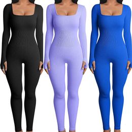 Femmes maigre combinaison couleur unie côtelé tricot à manches longues col carré moulante combinaison barboteuse travail Sport Yoga combishorts 240311