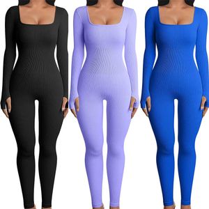 Dames skinny jumpsuit effen kleur geribbeld gebreid lange mouw vierkante hals bodycon jumpsuit romper work-out sport yoga speelpakjes 240311