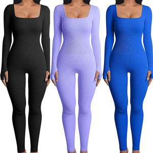 Femmes Skinny Jumps combinaison Color Color Ribbed Treafre Long Squle Coule Cou Bodycon Jumps Raiper Work Out Sport Yoga Playswisks 240402