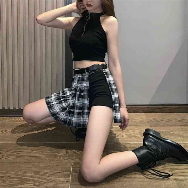 Jupe femme Harajuku gothique noir sexy taille haute plissée punk fille avec short été plaid 210629