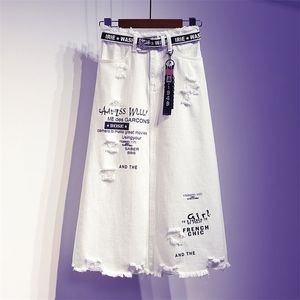 Falda de mujer Faldas largas de mezclilla blanca Impresión de letras Estilo coreano Moda Agujero de gran tamaño Tallas grandes Mujer 220317
