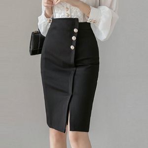 Vrouwen rokken nieuwe mode plus size stretch vrouw rokken elegante breasted split midi rok vrouwelijke ol potlood rok x0428