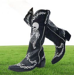 Dames schedel skelet selfie cowboy western midden kalf laarzen gericht teen slipon gestapelde hiel goth punk herfst schoenen merkontwerper y4150270