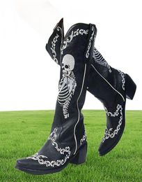 Dames schedel skelet selfie cowboy western midden kalf laarzen gericht teen slipon gestapelde hiel goth punk herfst schoenen merkontwerper y3812722