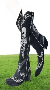 Dames schedel skelet selfie cowboy western midden kalf laarzen gericht teen slipon gestapelde hiel goth punk herfst schoenen merkontwerper y7942734