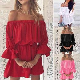 Vrouwen slash nek off schouder jurken zomer flare mouw bandage solide sundress losse casual sexy strand vestidos robe jurk 210623
