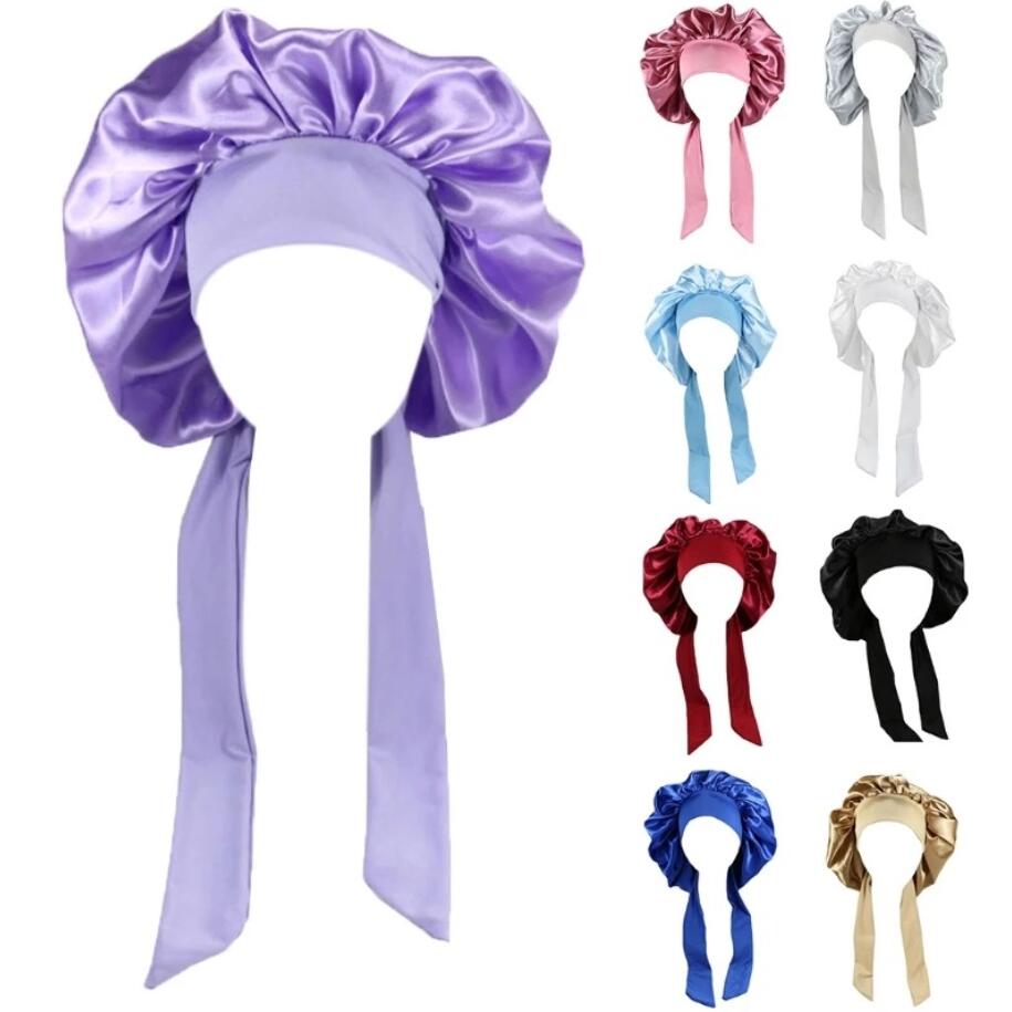 Mulheres Sleep Hair Caps Cap￣o de seda para cabelos encaracolados Ajuste o chap￩u de capa da cabe￧a dormindo cap￴ com cap￴ el￡stico de banda macia