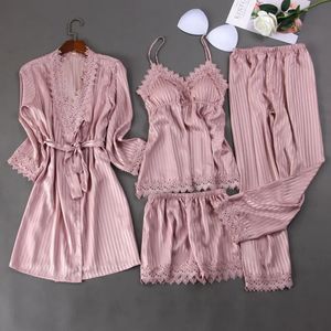 Vrouwen Slaap Set Satijn Gestreepte 4 STKS Pyjama Pak Pijamas Sexy Kimono Badjas Gown Thuis Kleding Kant Patchwork Nachtkleding 240309