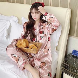 Vrouwen Nachtkleding Herfst Pyjama Set Nep Silk Print Sweet Women Pijama Set Girl Nightgown Losse Taille Lange Pant Silk Pyjama Sets 211112