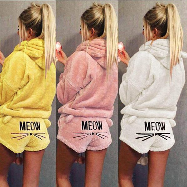 Femmes vêtements de nuit MEOW chat imprimé pull à capuche à manches longues hauts Shorts pyjama ensembles haut de nuit Bottoms2623