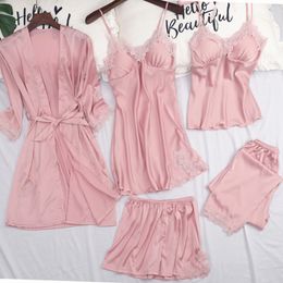 Femmes SleepingWear Sexy Lace Trim 5pcs Pajamas Set Pyjama Pour femme printemps d'été