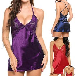 Vrouwen nachtkleding sexy lingerie dames sling pyjama v nek backless sleepdress sexy kant nachtkleding vrouwelijke slaapschutters, gratis verzending