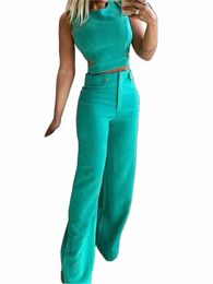 Mujeres Sleevel Slim Conjunto de dos piezas 2023 Verano Nuevos conjuntos de pantalones Tight Hollow Out Recortado Top Cintura alta LG Pantalones Trajes Desplazamientos S3w2 #