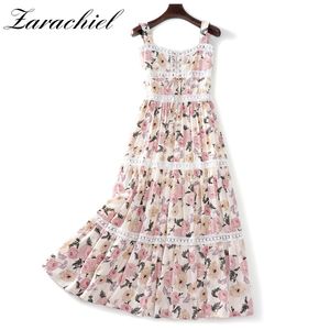 Vrouwen Mouwloze Zomer Floral Print Slash Neck Lace-up Spaghetti Strap Chiffon Dames Katoen Kant Trims Lange Jurk 210416