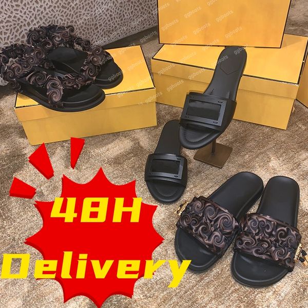 Diapositivas para mujer Zapatillas de diseñador Pisos de cuero Sandalia Verano Playa Mulas Zapatos Tela de seda Gladiador Mocasines para mujer Chanclas de moda Sandalias negras, marrones y verdes