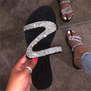 Damesglijbanen Sandalen Slipper Zomer Crystal Flat Sandal Letter Z Pailletten Band Slippers Open Teen Slide Dames Mode Strand Antislip Schoenen Big Size EU35-43 NO02