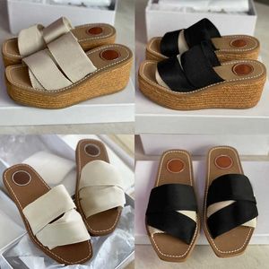 Playa Mujer Zapatillas Woody Mulas Suela Zapatillas Sandalias Banda cruzada Cuero Lona Señoras Diapositivas Blanco Beige Diseñador Chanclas Zapatillas de cuero NO290