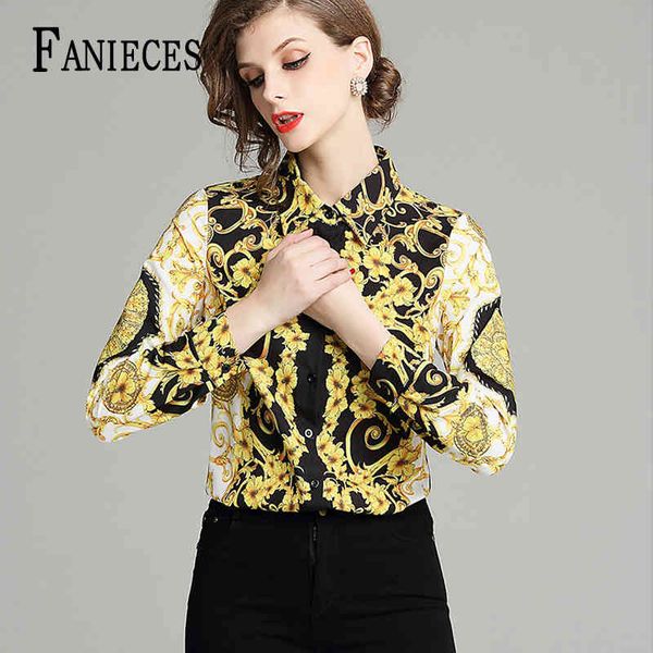 Femmes Slim Blouses Tops D'été Baroque Imprimer Piste À Manches Longues Chemise Dames Col Élégant Vintage Bureau Chemises travail porter 210520