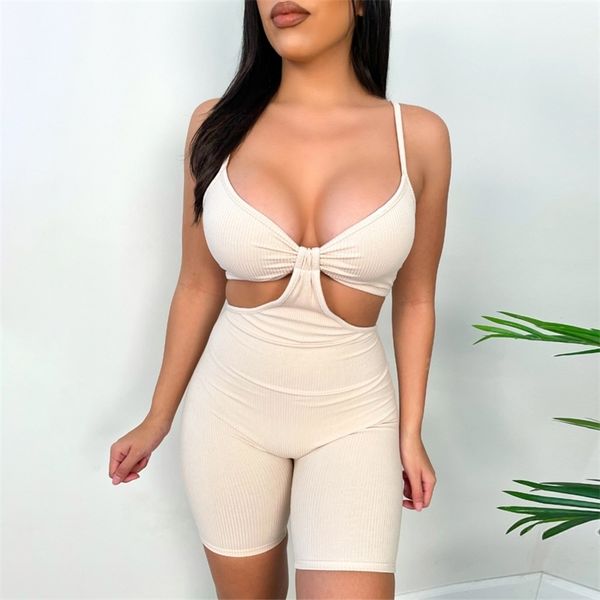 Mujeres Sling Bodycon Playsuit Rib Knit Hollow Out Patchwork Sexy Streetwear Elástico Sporty Club Romper Summer Short Jumpsuit 210522