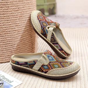 Vrouwen Slipper Etnisch Borduren Zomer Platte Schoen Linnen Sleehak Doek Schoenen Zachte Zool Wandelen Ouderen Sandaal Dames Instapper Muller 240116